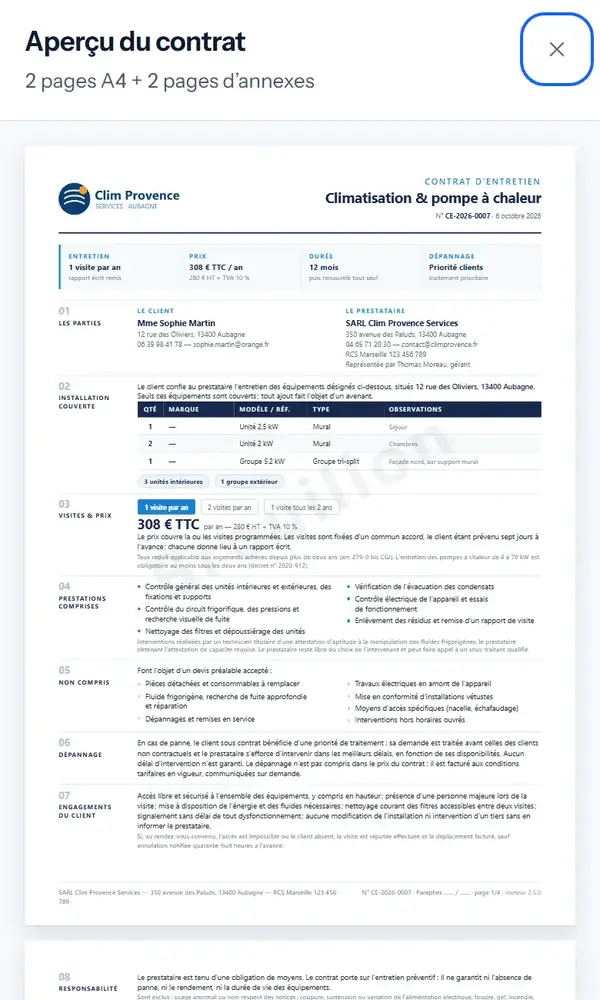 L’aperçu du contrat de Mme Sophie Martin au téléphone : le logo de Clim Provence Services, 1 visite par an, 308 € TTC par an, 12 mois.
