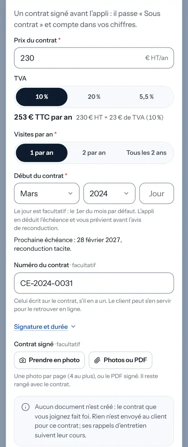 Prix du contrat 230 € HT par an, soit 253 € TTC ; début en mars 2024 ; prochaine échéance le 28 février 2027 ; « Prendre en photo » pour joindre le contrat signé.