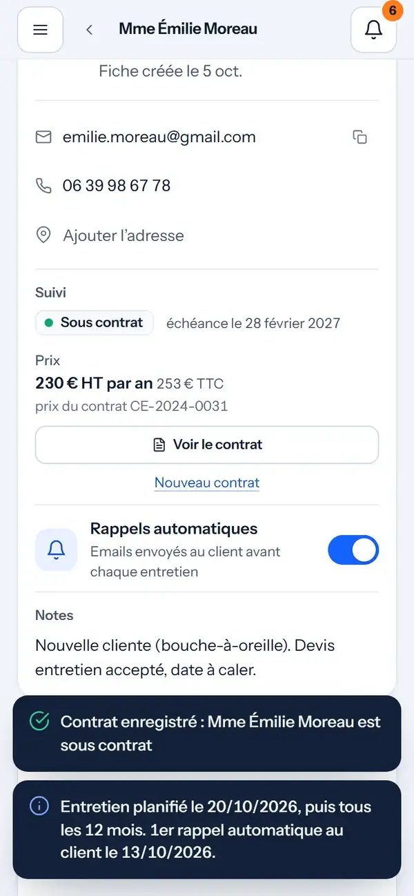 La fiche de Mme Émilie Moreau : Sous contrat, échéance le 28 février 2027 ; « Contrat enregistré », entretien planifié le 20 octobre 2026, puis tous les 12 mois.