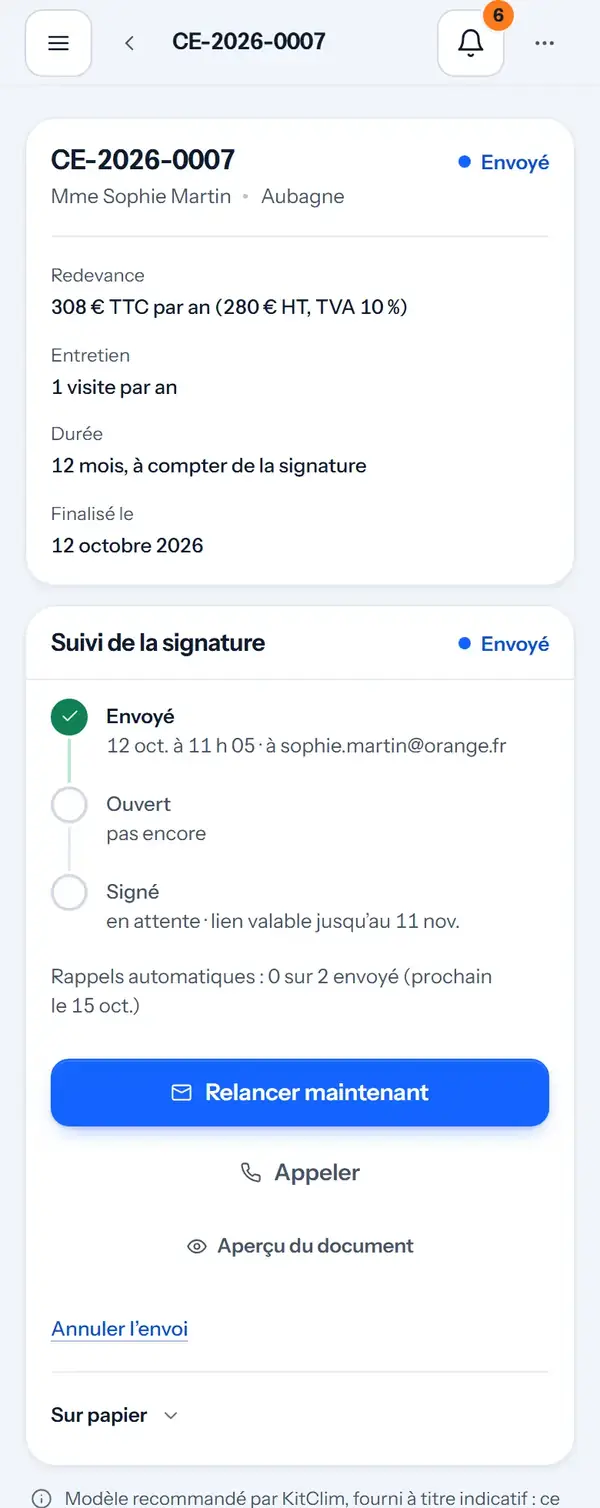 Suivi de la signature au téléphone : envoyé le 12 octobre à 11 h 05, ouvert pas encore, rappels automatiques : 0 sur 2 envoyé.