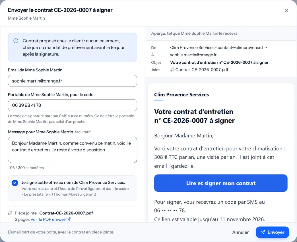 La fenêtre « Envoyer le contrat CE-2026-0007 à signer » : l’email de Mme Martin, son portable pour le code, votre message, et l’aperçu de l’email qu’elle recevra.