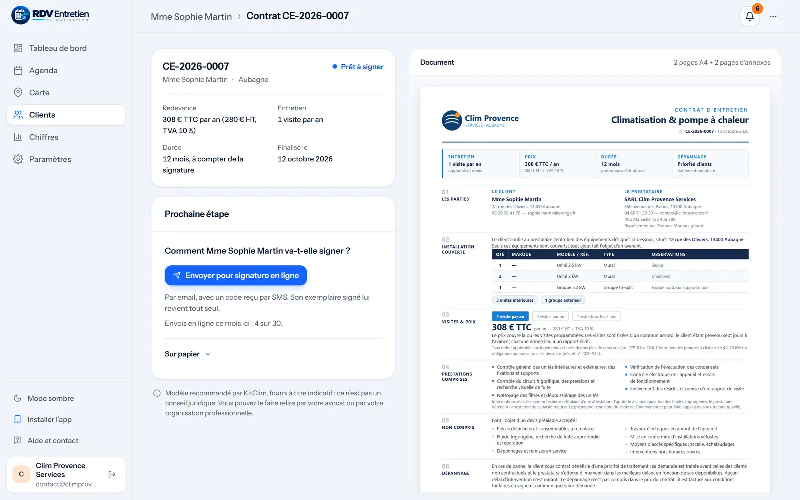 Le contrat CE-2026-0007 prêt à signer, avec le bouton « Envoyer pour signature en ligne ».