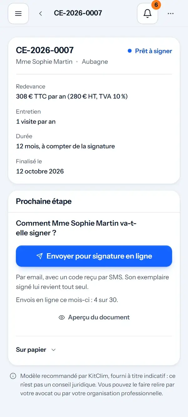Le contrat CE-2026-0007 prêt à signer, au téléphone : « Comment Mme Sophie Martin va-t-elle signer ? » et le bouton « Envoyer pour signature en ligne ».