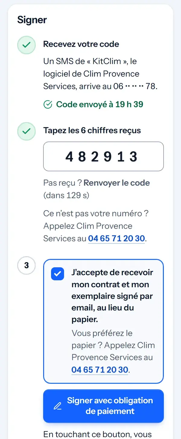 Le code reçu à 19 h 39 est tapé, la case de l’email est cochée, le bouton « Signer avec obligation de paiement » est prêt.