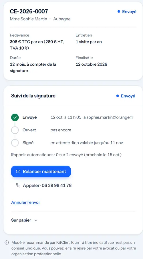 Suivi de la signature : envoyé le 12 octobre à 11 h 05 à sophie.martin@orange.fr ; rappels automatiques : 0 sur 2 envoyé, prochain le 15 octobre.