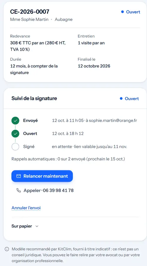 Suivi de la signature : envoyé, ouvert à 18 h 12, signature en attente.