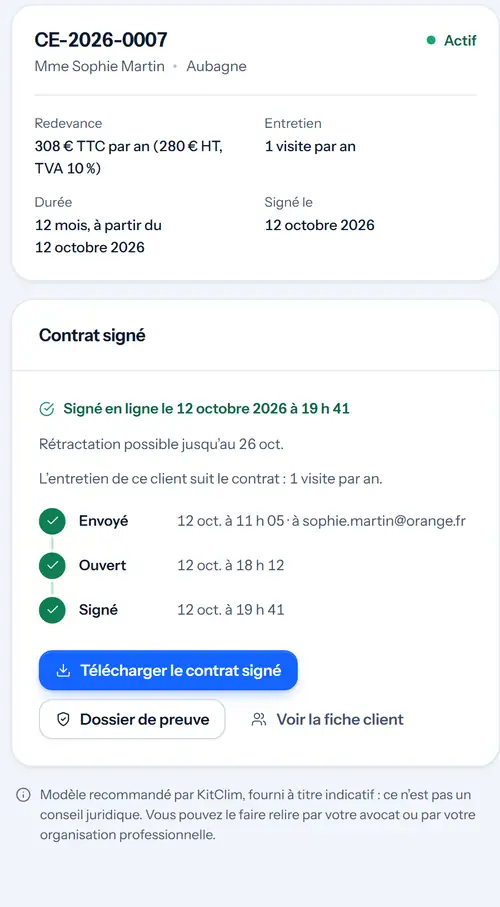 Contrat signé et actif : envoyé, ouvert, signé le 12 octobre à 19 h 41, avec « Télécharger le contrat signé » et « Dossier de preuve ».