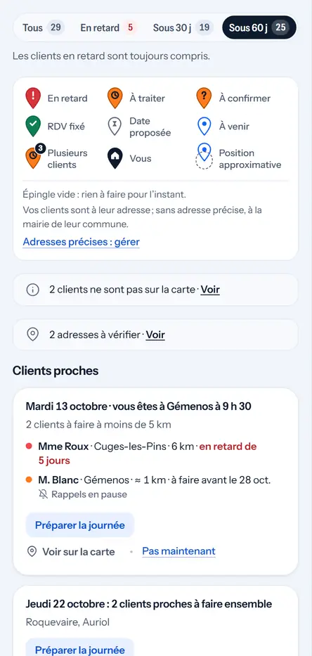 Après l’accord&nbsp;: «&nbsp;Vos clients sont à leur adresse&nbsp;; sans adresse précise, à la mairie de leur commune&nbsp;», et «&nbsp;2 adresses à vérifier&nbsp;».