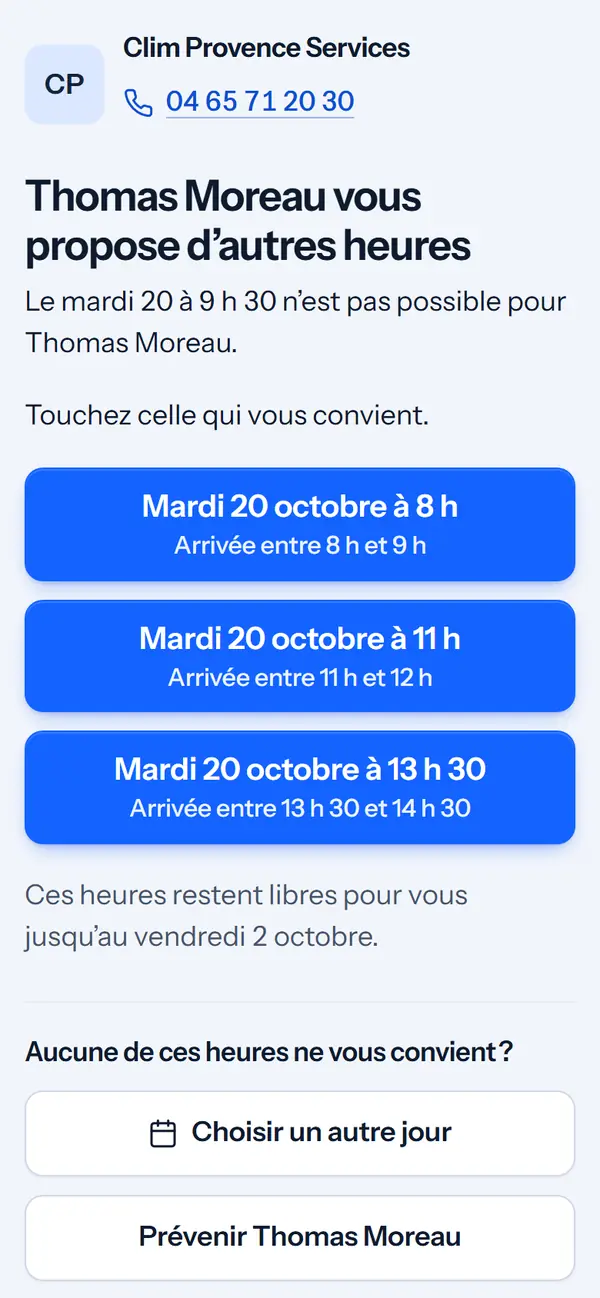 Ce que voit M. Espitalier&nbsp;: trois heures au choix le mardi 20 octobre, chacune d’un toucher.