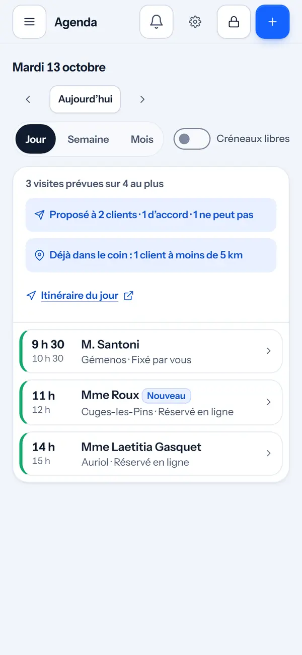 L’agenda du mardi 13 octobre&nbsp;: M. Santoni à 9&nbsp;h&nbsp;30, Mme Roux à 11&nbsp;h, Mme Gasquet à 14&nbsp;h, et «&nbsp;Itinéraire du jour&nbsp;».