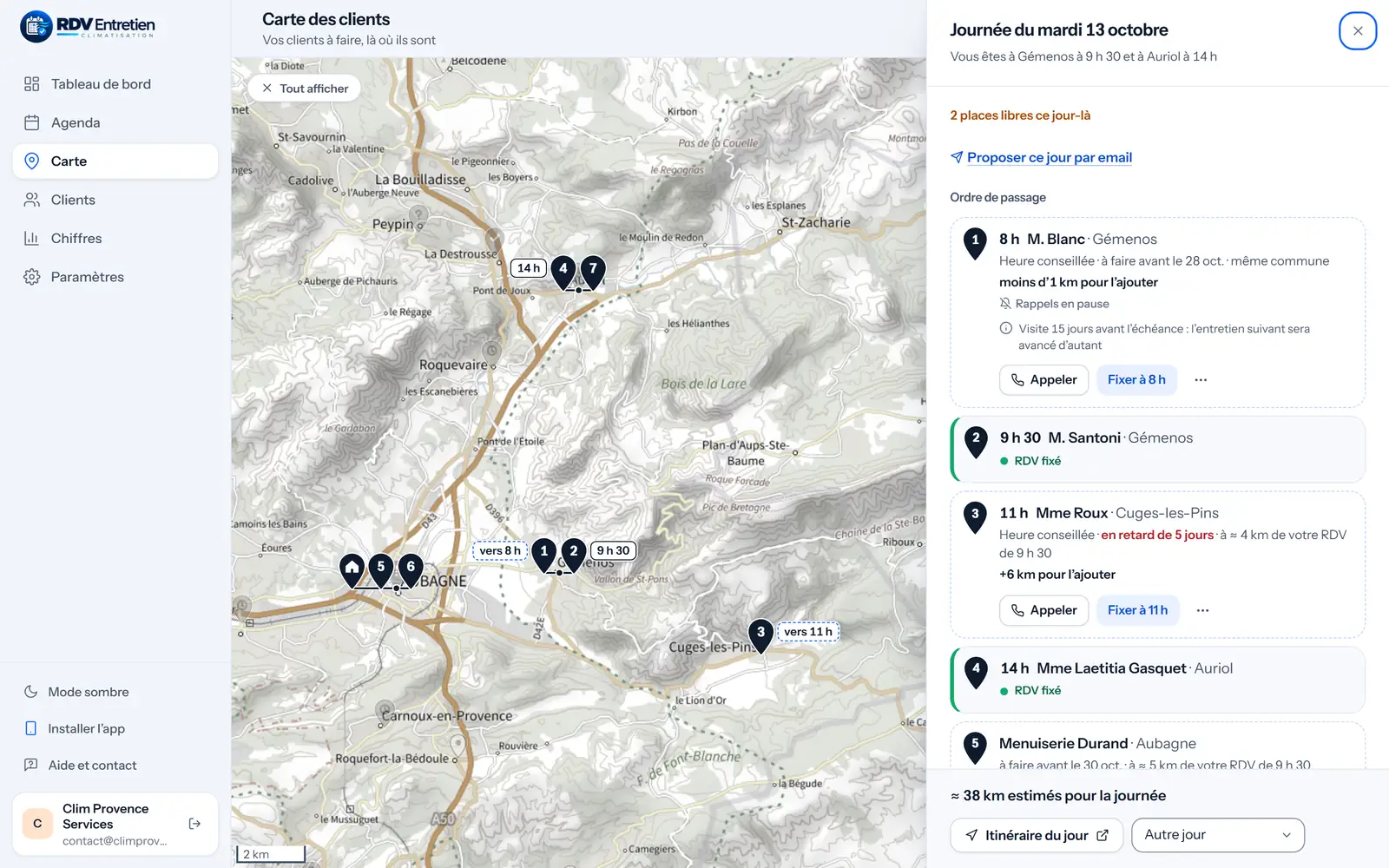 Le tiroir «&nbsp;Journée du mardi 13 octobre&nbsp;»&nbsp;: les arrêts numérotés sur la carte, l’ordre de passage et «&nbsp;Proposer ce jour par email&nbsp;».