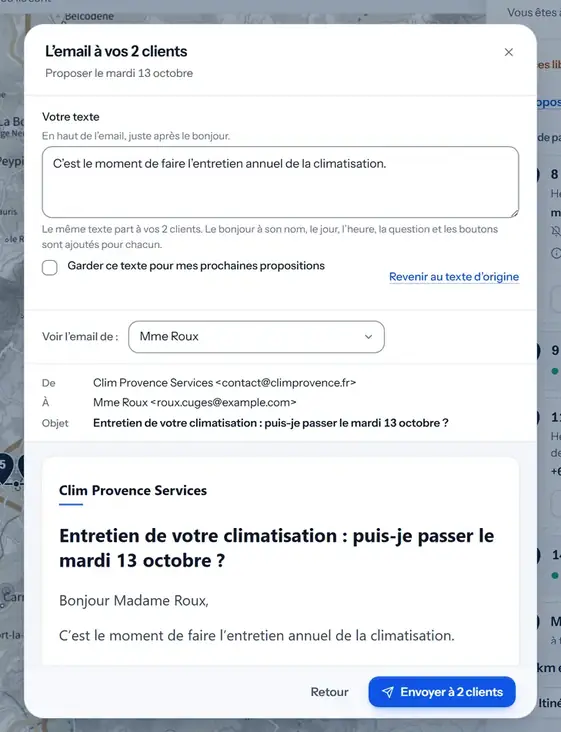 L’email à Mme Roux avant l’envoi&nbsp;: «&nbsp;Entretien de votre climatisation&nbsp;: puis-je passer le mardi 13 octobre ?&nbsp;»