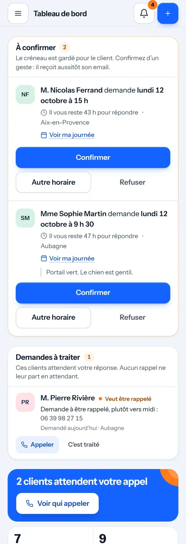Le tableau de bord au téléphone : les demandes à confirmer, dont celle de Mme Sophie Martin, lundi 12 octobre à 9 h 30.