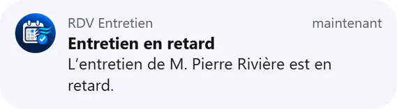 Notification RDV Entretien : Entretien en retard, l’entretien de M. Pierre Rivière est en retard.
