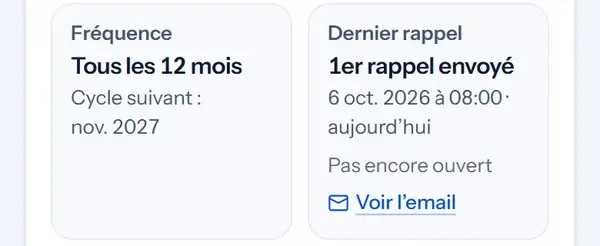 La même fiche juste après&nbsp;: 1er rappel envoyé le 6 octobre 2026 à 8 h, pas encore ouvert.