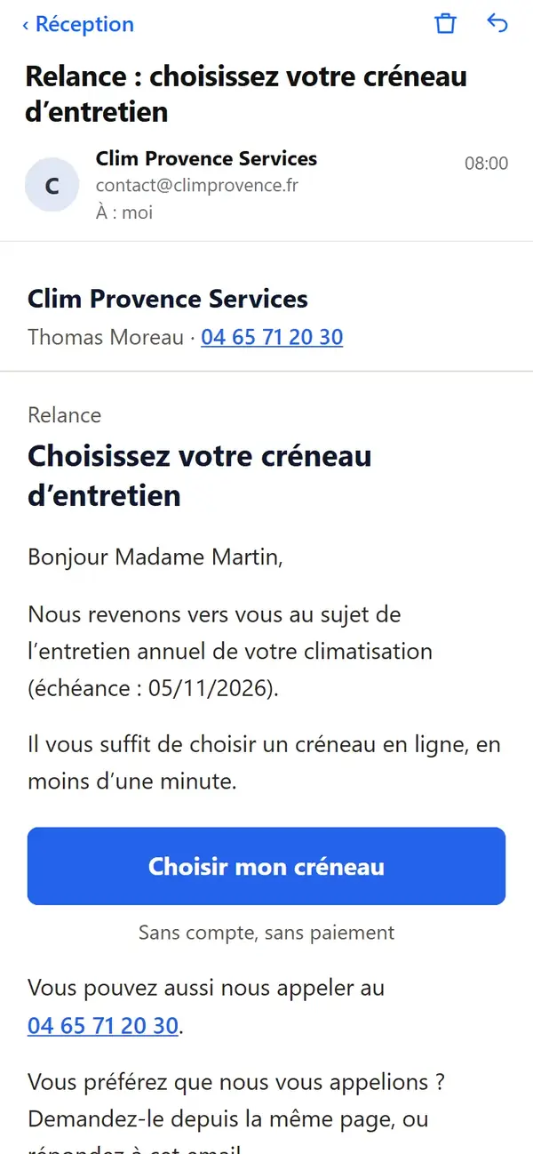 Le 2e rappel reçu par Mme Martin&nbsp;: «&nbsp;Relance&nbsp;: choisissez votre créneau d’entretien&nbsp;», avec l’échéance du 05/11/2026.