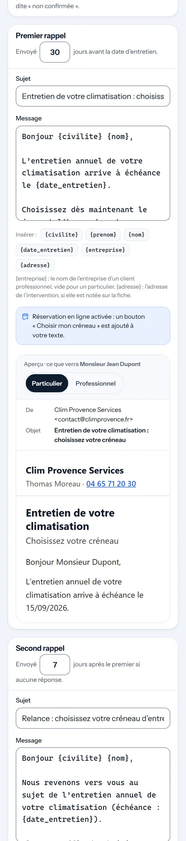 Paramètres, Texte des emails, sur le téléphone&nbsp;: le message du 1er rappel avec le nom et la date à insérer, puis l’aperçu de l’email&nbsp;: «&nbsp;Bonjour Monsieur Dupont&nbsp;».