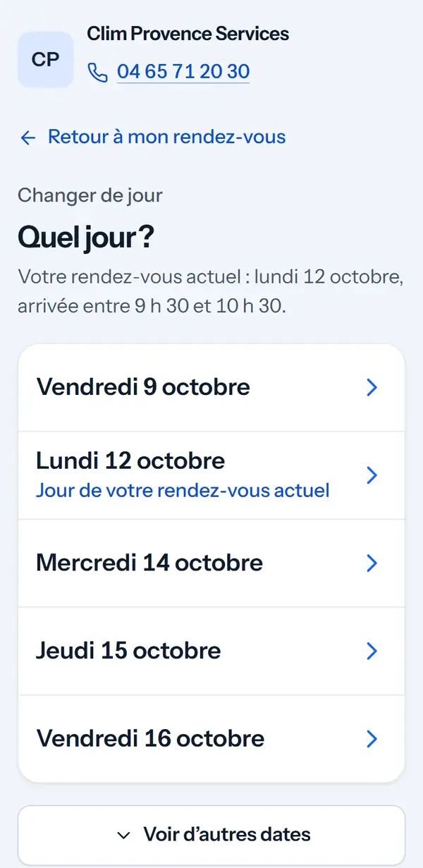 « Changer de jour, quel jour ? » : son rendez-vous actuel du lundi 12 octobre est rappelé, avec les autres jours libres.