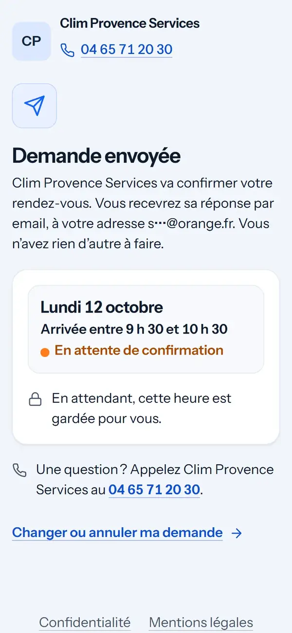 « Demande envoyée » : Clim Provence Services va confirmer le rendez-vous ; en attendant, l’heure est gardée pour Mme Martin.