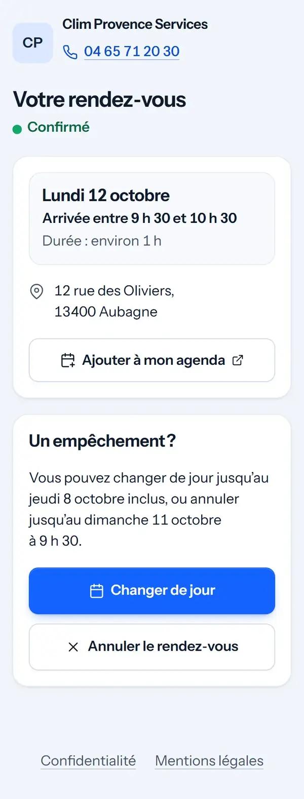 La page « Mon RDV » de Mme Martin : rendez-vous confirmé le lundi 12 octobre, « Ajouter à mon agenda », puis « Un empêchement ? » avec « Changer de jour » et « Annuler le rendez-vous ».