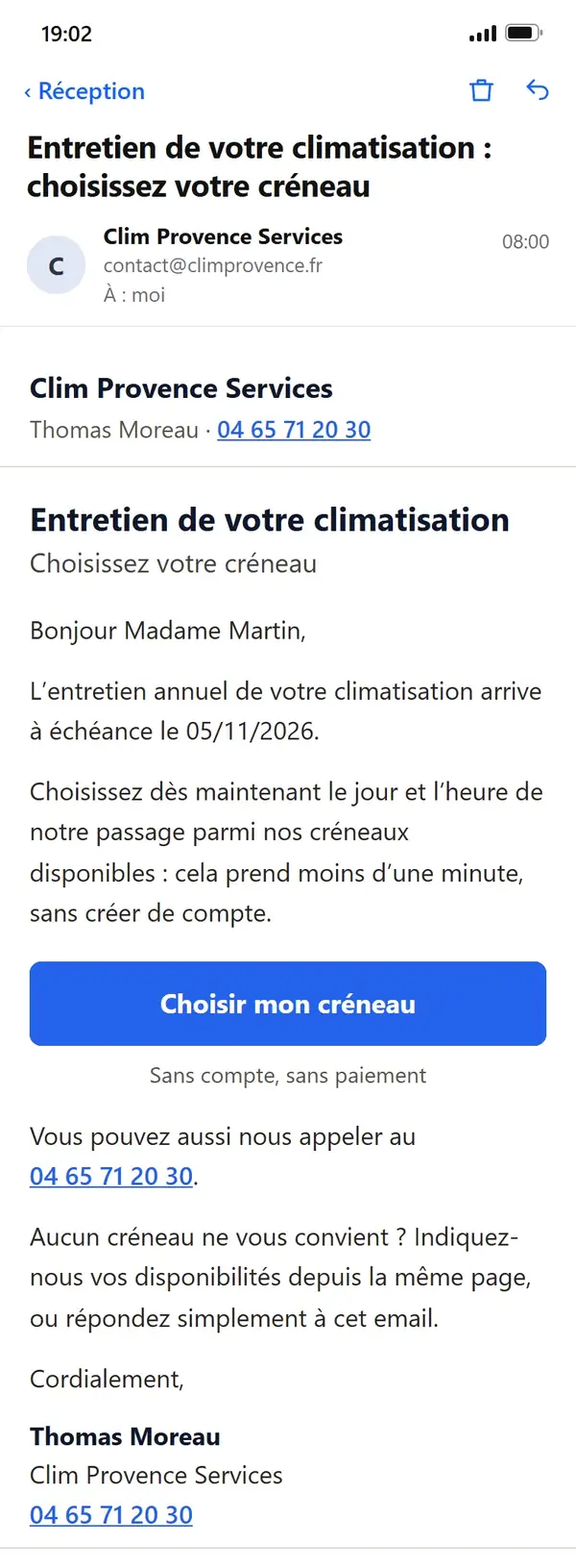 L’email de rappel reçu par Mme Martin, envoyé par Clim Provence Services : l’entretien de sa climatisation arrive à échéance le 5 novembre, avec le bouton « Choisir mon créneau ».