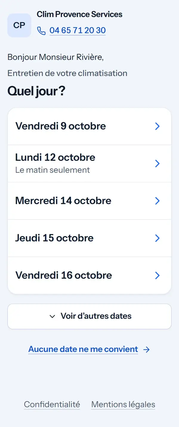 La page de réservation de M. Pierre Rivière, avec en bas le lien « Aucune date ne me convient ».