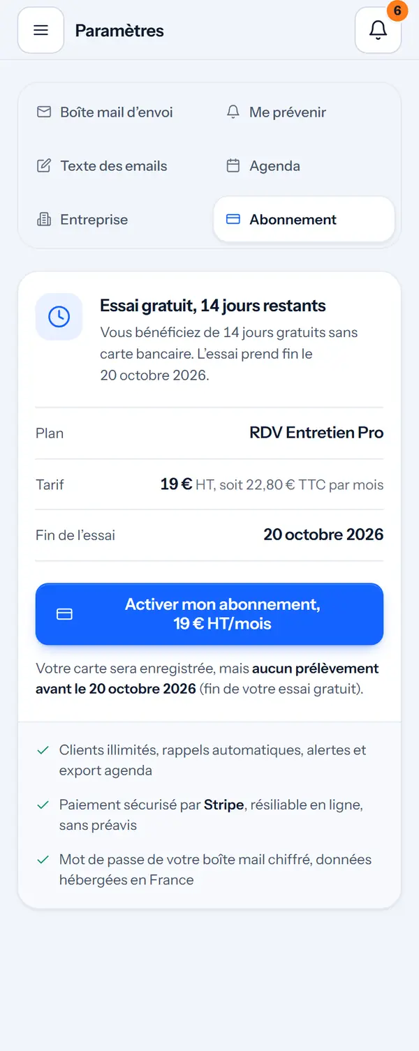 Paramètres, abonnement : essai gratuit, 14 jours restants, sans carte bancaire ; tarif 19 € HT, soit 22,80 € TTC par mois.