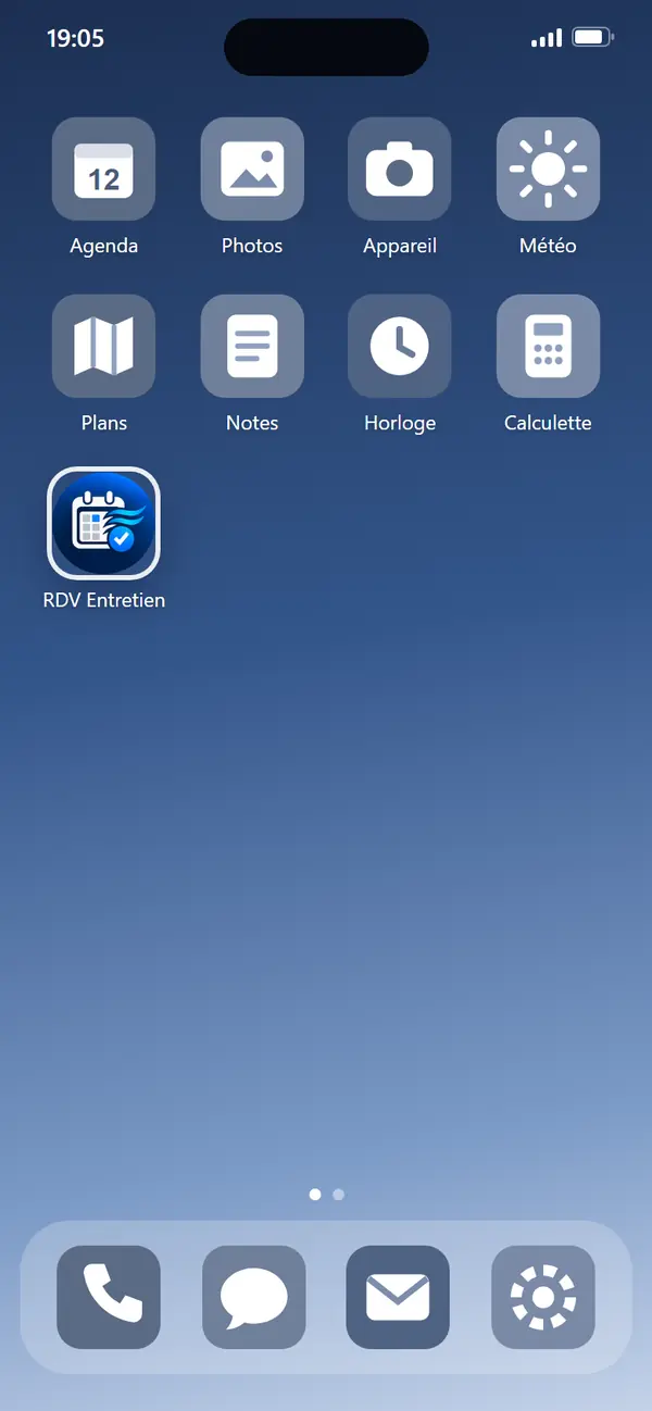 L’écran d’accueil du téléphone, avec l’icône RDV Entretien rangée comme une appli.