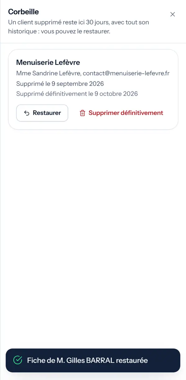 Le message « Fiche de M. Gilles BARRAL restaurée ».