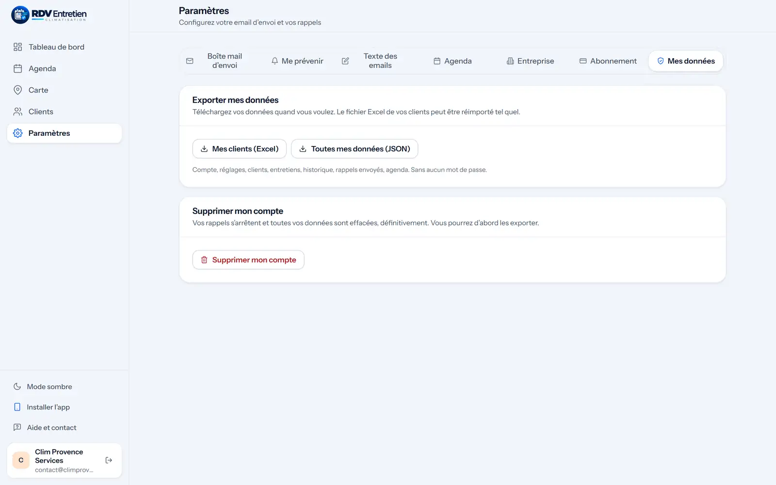 Paramètres, Mes données : « Mes clients (Excel) » télécharge le fichier de tous vos clients.