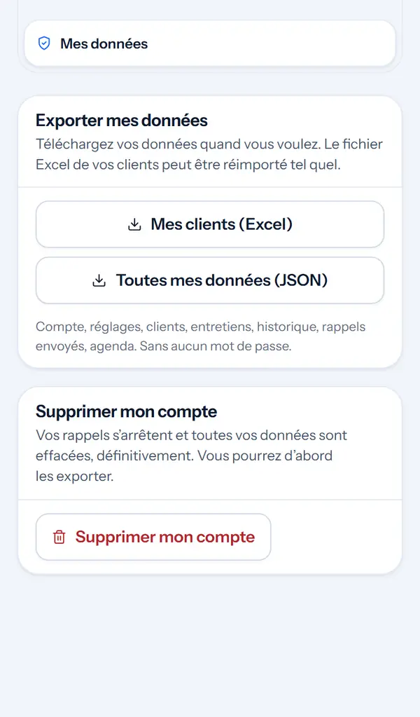 Paramètres, Mes données : exporter vos clients en Excel, un fichier qui se réimporte tel quel.