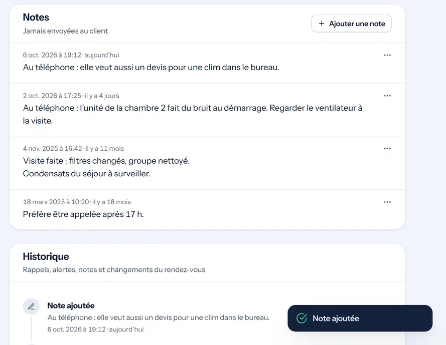La nouvelle note en haut de la liste, datée du 6 octobre 2026 à 19 h 12, et le message «&nbsp;Note ajoutée&nbsp;».