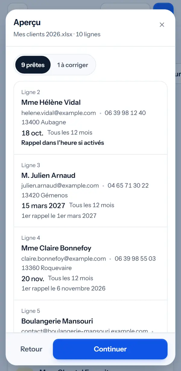 L’aperçu du fichier : 9 clients prêts, 1 à corriger, avec la date de leur prochain rappel.