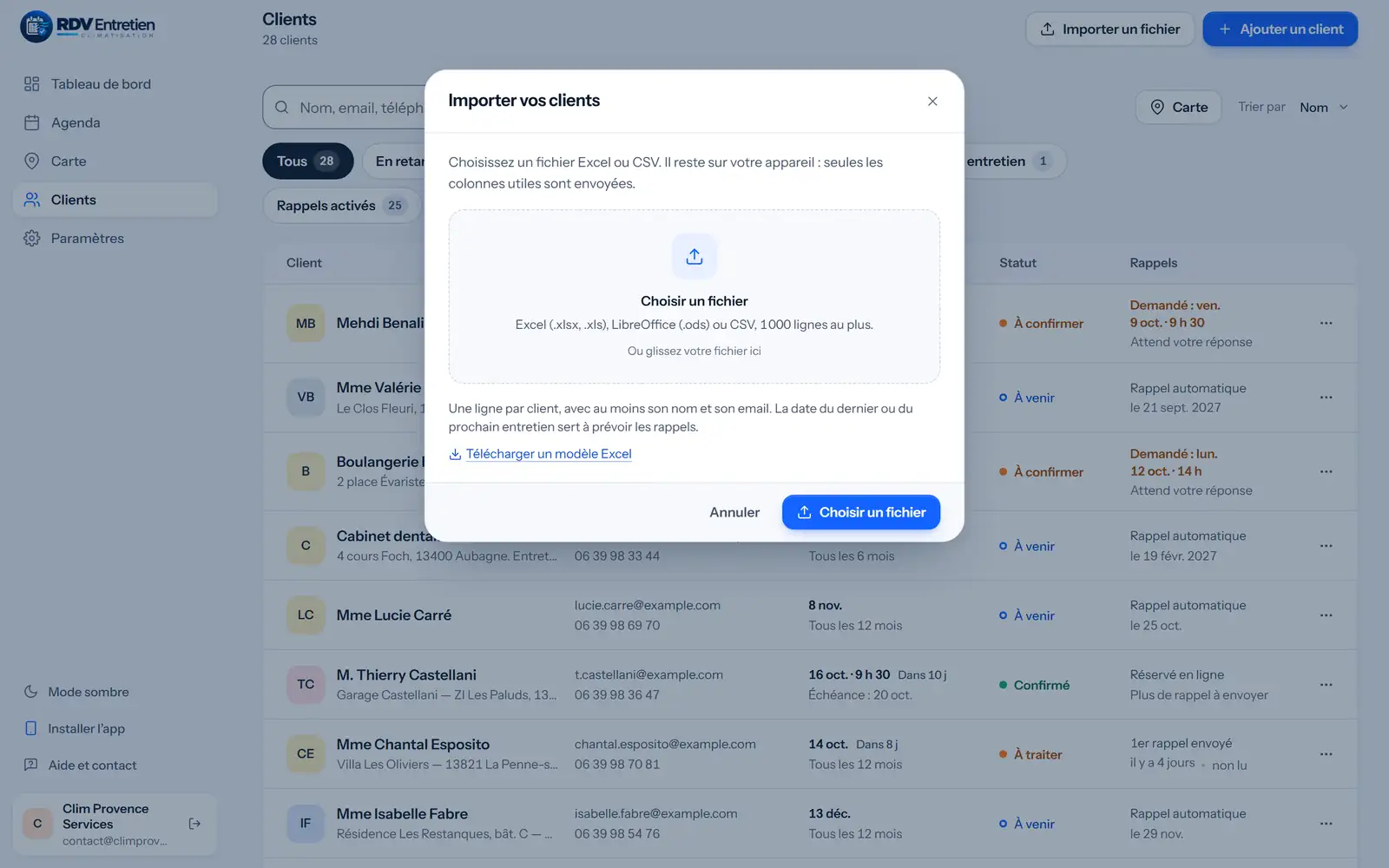 Sur l’ordinateur, la fenêtre « Importer vos clients » : choisir le fichier Excel.