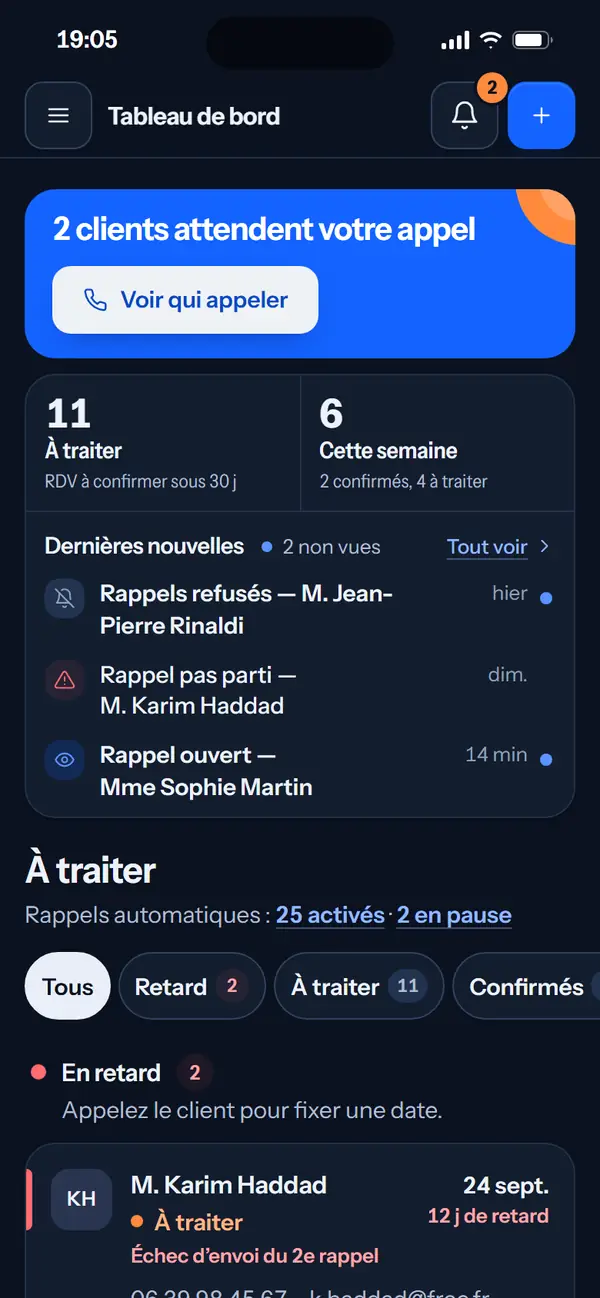 Le même tableau de bord, en mode sombre.